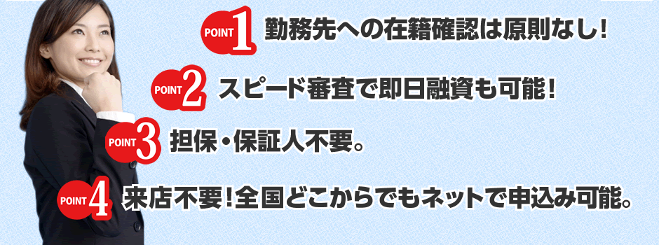 「ポイント１．勤務先への在籍確認は原則なし!」「ポイント２．スピード審査で即日融資も可能！」「ポイント３．担保・保証人不要。」「ポイント４．来店不要！全国どこからでもネットで申し込み可能。」
